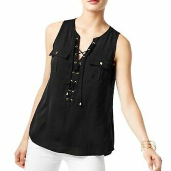 INC International Concepts Lace-Up Top Womens Small Black Sleeveless Blouse - Picture 1 of 6